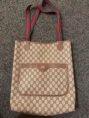 Vintage: Gucci Beige GG Canvas Tote with Brown Trim and Red-Green Straps